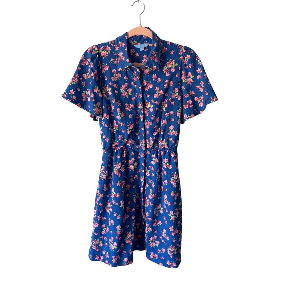 Draper James Blue and Pink Floral Short Sleeve Shirt Dress Small *MISSING BELT*